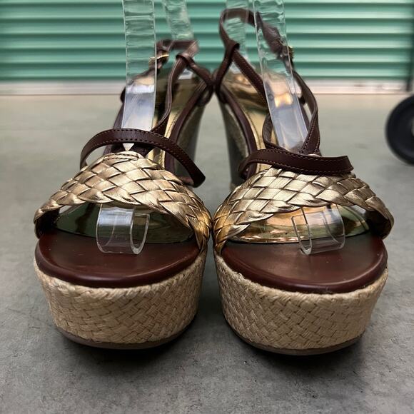 Audrey Brooke 9.5 Shakes Brown Gold Weave Espadrille Platform Wedge Sandals - Picture 5 of 10